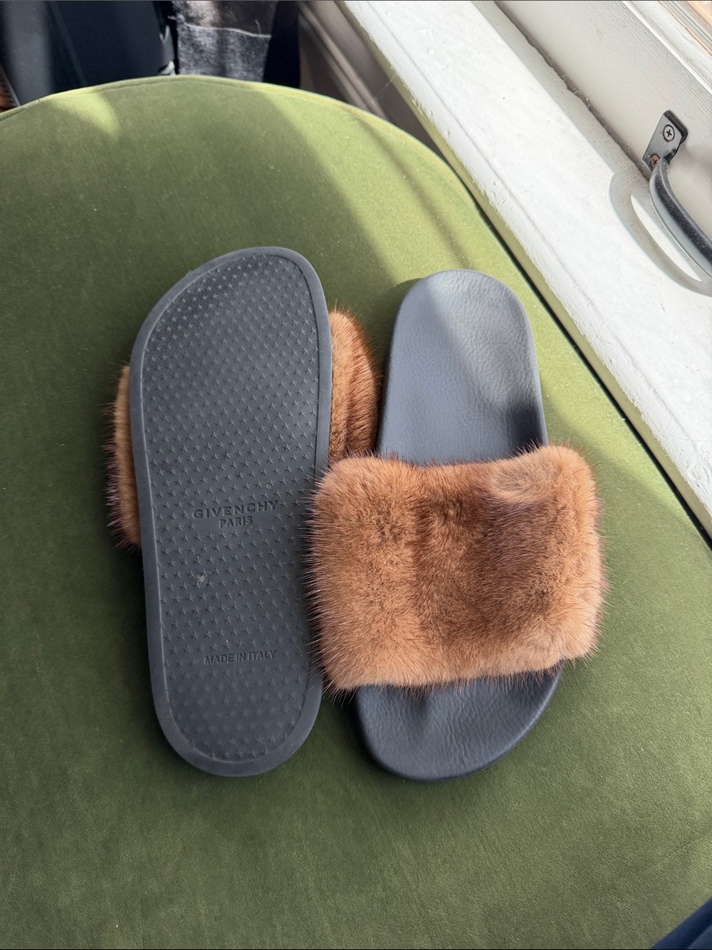 Givenchy Black Slides with Brown Fur Strap